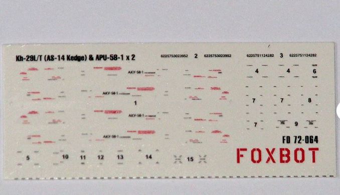 Decal 1/72 technical inscriptions for Soviet surface-to-air missiles Kh-29L/T (AS-14 Kedge), pylons APU-58-1 Foxbot 72-064, In stock