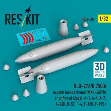 Масштабна модель 1:32 напалмові бомби BLU-27A/B, 750 фунтів з оперенням (MXU-469/B) або без оперення (2 штуки) (для A-1, A-4, A-7, A-26K, B-57, F-4, F