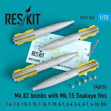 Масштабная модель Бомбы Mk.82 с плавниками Mk.15 Snakeye (4шт) (1/72) Reskit RS72-0343, Нет в наличии