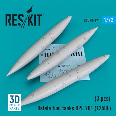 Масштабная модель топливные баки Rafale RPL 701 (1250L) (3 шт.) (3D печать) (1/72) Reskit RSU72-0171, Нет в наличии