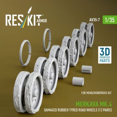 1:35 Scale Model of Damaged Merkava Mk.4 Road Wheels with Tires (12 pairs) (Meng/HobbyBoss) Reskit AV35-0007