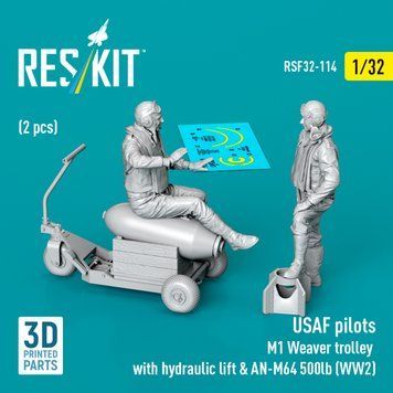 Figures 1:32 US Air Force pilots (2 pcs.) and M1 Weaver cart with hydraulic lift, as well as AN-M64 500 lbs. (World War II) Reskit RSF32-0114