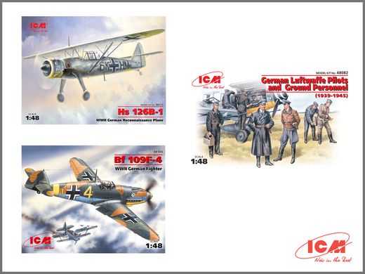 Збірна модель 1/48 Аеродром Люфтваффе IIСВ (Messerschmitt Bf 109F-4, Hs 126 B-1, Пілоти і техніки ВПС Німеччини (7 фігур)) ICM DS4801