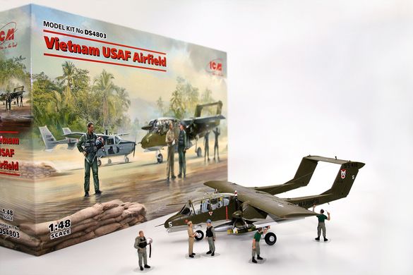 Сборные модели 1/48 Аэродром USAF во Вьетнаме (Cessna O-2A, OV-10А Bronco, Пилоты и техники США (Война во Вьетнаме) (5 фигур)) ICM DS4803