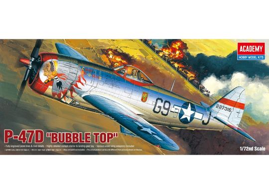 Assembled model 1/72 aircraft P-47D "Bubble top" Academy 12491