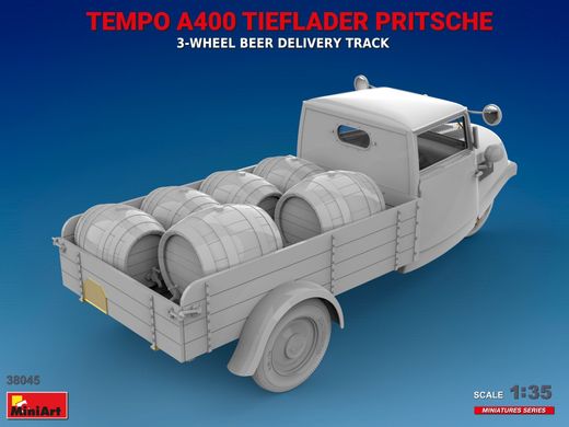 Збірна модель 1/35 вантажівка 3-колісна для доставки пива Tempo A400 Tieflader Pritsche MiniArt 3804