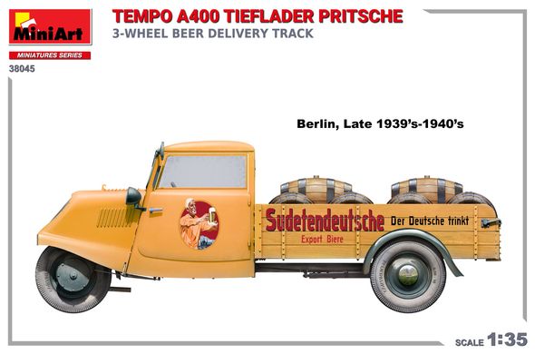 Сборная модель 1/35 3-колесный грузовик для доставки пива Tempo A400 Tieflader Pritsche MiniArt 38045