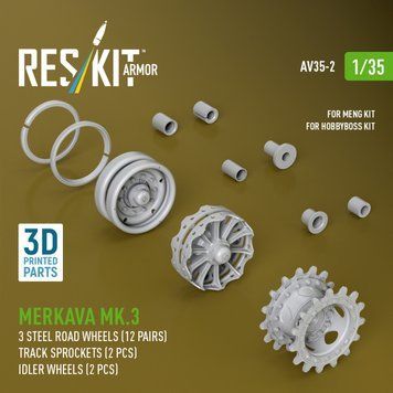 Scale model 1:35 steel support wheels Merkava Mk.3 (12 pairs), track sprockets (2 pcs.), tension wheels (2 pcs.) for the Meng/HobbyBoss Reskit AV35-00