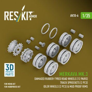 1:35 scale model of damaged rubber support wheels Merkava Mk.3 (12 pairs), track sprockets (2 pcs.), idler wheels (2 pcs.) and mudguards for the Meng/
