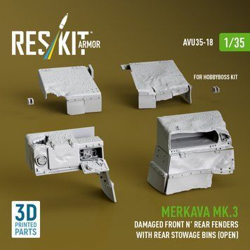 1:35 Scale Model of a Merkava Mk.3 with Damaged Front and Rear Fenders and Open Rear Equipment Compartments (HobbyBoss) Reskit AVU35-0018
