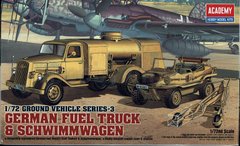 Assembled model 1/72 fuel tanker and pump carrier GERMAN FUEL TRUCK & SCHWIMM WAG Academy 13401