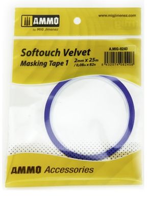 Оксамитова маскувальна стрічка Softouch 1 (2 мм x 25 М) (Softouch Velvet Masking) Ammo Mig 8240