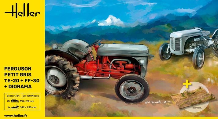 Сборная модель 1/24 трактор Ferguson Petit Gris TE-20 + FF-30 + Диорама Heller 50326
