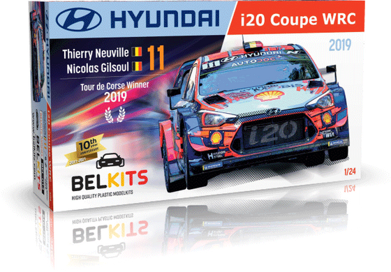 Assembled model 1/24 car Hyundai i20 Coupe WRC Tour de Corse 2019 winner Belkits BEL-014