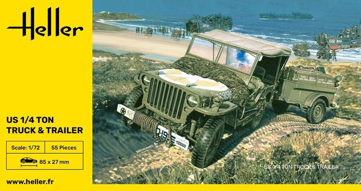 Збірна модель 1/72 військовий позашляховик джип Willys MB Jeep & Trailer Heller 79997