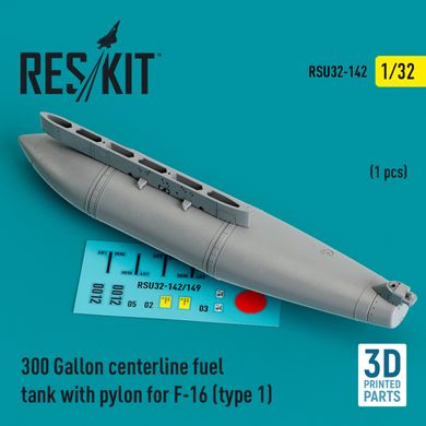 Масштабная модель 1/32 Центральный топливный бак на 300 галлонов с пилоном для F-16 (тип 1) (1 шт.) (3D-печать) Reskit RSU32-0142, В наличии