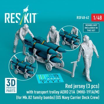 1:48 scale figures of personnel in red uniforms (3 pcs., modern) with an AERO 21A(MHU-191A/M) transport cart (1 pc.)(for Mk.82 bombs) (3D-printed) Res