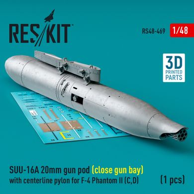 1/48 Scale Model SUU-16A 20mm Gun Pod (Near Gun Compartment) with Center Pylon for F-4 Phantom II (C,D) (1pc) (3D Print) Reskit RS48-0469, In stock