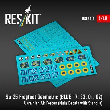Decals 1:48 for Su-25 Frogfoot, Geometric (BLUE 17, 33, 01, 02) Ukrainian Air Force Reskit RSB48-0008