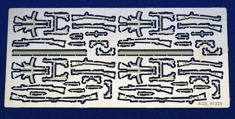 Фототравление 1/72 немецкое ручное оружие (Kar.98, P-08, P-38, MP-38, MP-44), 2 МВ ACE PE7226, В наличии