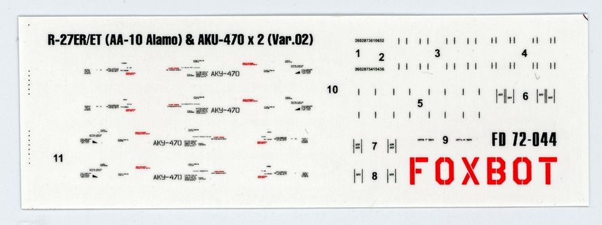 Декаль 1/72 технические надписи на советские ракеты класса воздух-воздух Р-27ЭР/ЭТ (AA-10 Alamo), пилоны АКУ-470 (вариант 2) Foxbot 72-044, В наличии