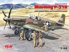 Assembled model 1/48 plane Mustang R-51B, American fighter with pilots and technicians ICM 48125