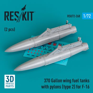 1/72 Scale Model 370 Gallon Wing Fuel Tanks with Pylons (Type 2) for F-16 (2pcs) (3D Print) Reskit RSU72-0268, In stock