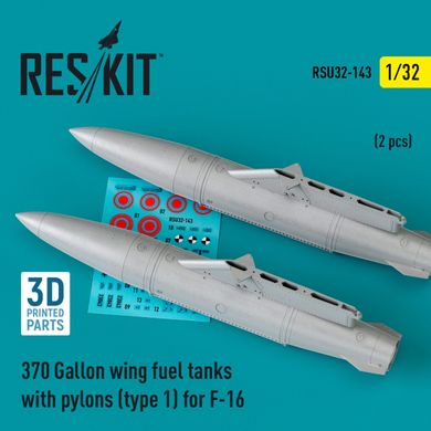 1/32 Scale Model 370 Gallon Wing Fuel Tanks with Pylons (Type 1) for F-16 (2pcs) (3D Print) Reskit RSU32-0143, In stock