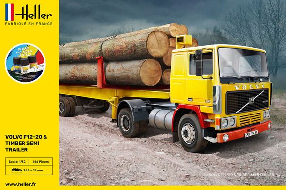 Prefab model 1/32 Volvo F12-20 truck and logging semi-trailer Heller 57704 starter kit