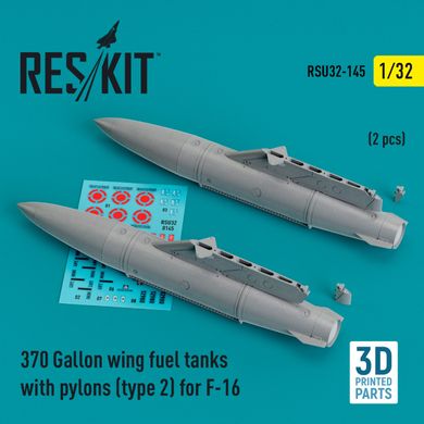 1/32 Scale Model 370 Gallon Wing Fuel Tanks with Pylons (Type 2) for F-16 (2pcs) (3D Print) Reskit RSU32-0145, In stock